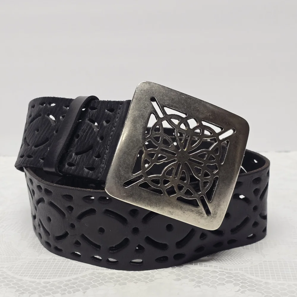 Vintage Dark Brown Leather Belt with Silver Filigree Buckle